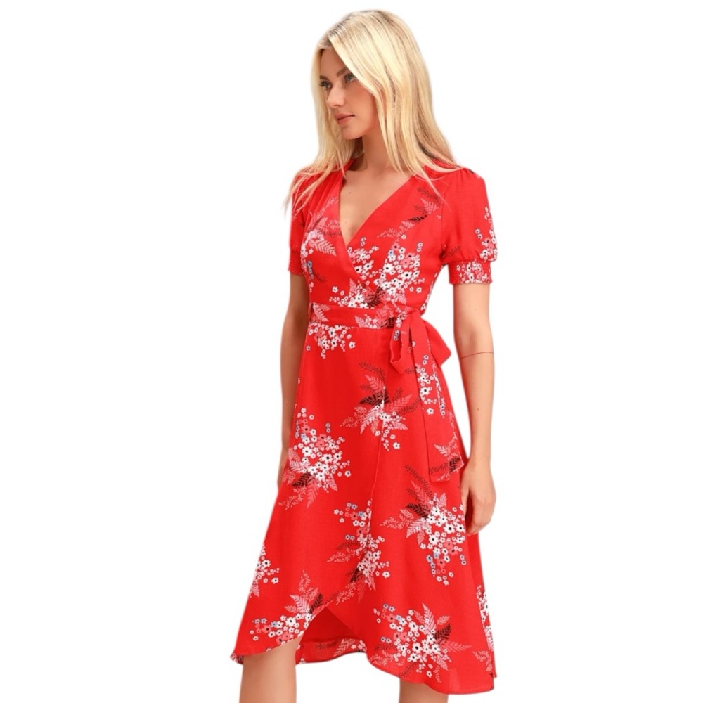 Lulu's Red Floral Wrap Midi Dress